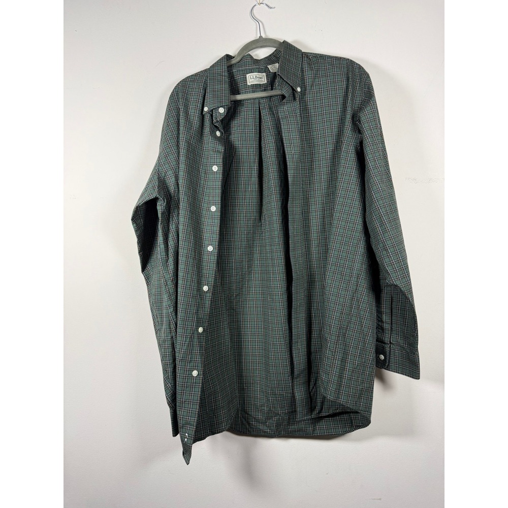 LL Bean Mens Shirt Large Tall Green Plaid Cotton Long Sleeve Button Down Pocket